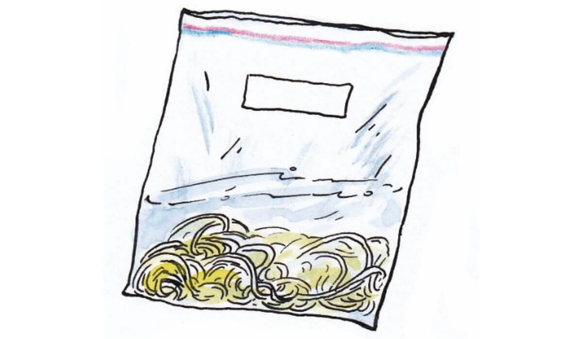 ビニール袋でパスタを見ずに浸しているイラスト