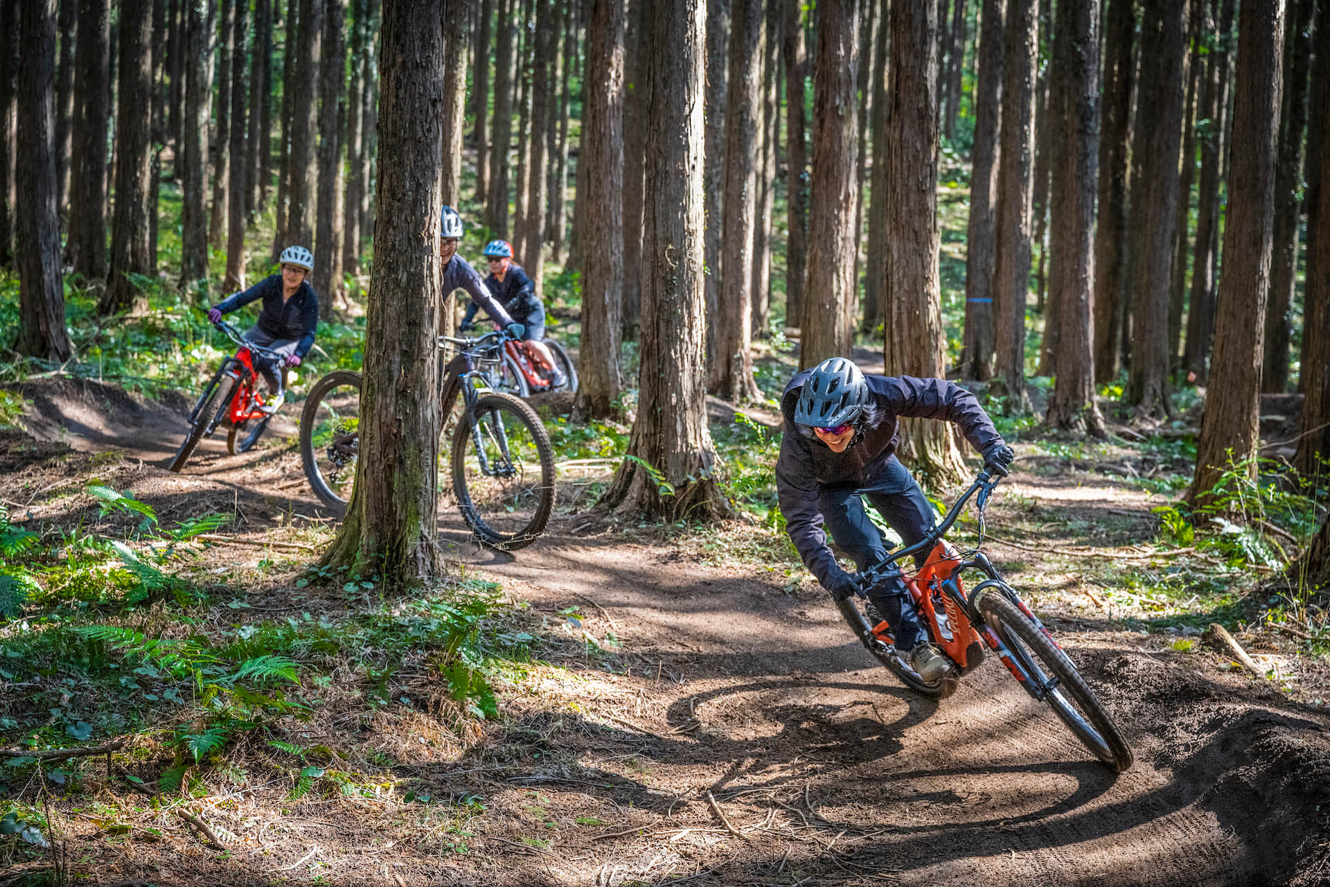 林の中を走行するMTB