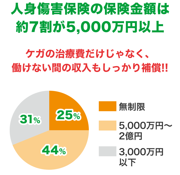 人身傷害保険の保険金額は約7割が5,000万円以上 ケガの治療費だけじゃなく、働けない間の収入もしっかり補償!!