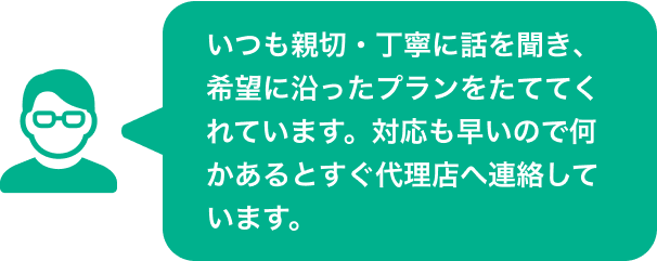 いつも親切・丁寧に話を聞き、希望に沿ったプランをたててくれています。対応も早いので何かあるとすぐ代理店へ連絡しています。