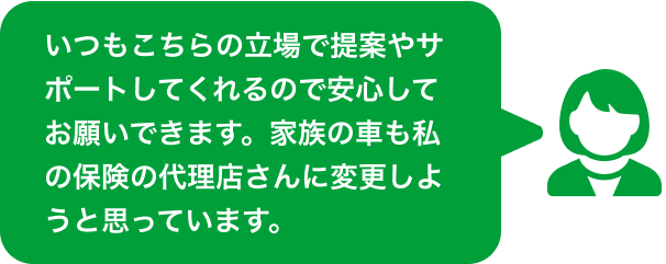 いつもこちらの立場で提案やサポートしてくれるので安心してお願いできます。 家族の車も私の保険の代理店さんに変更しようと思っています。