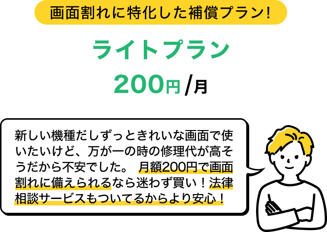 画面割れに特化した補償プラン！ ライトプラン　200円/月