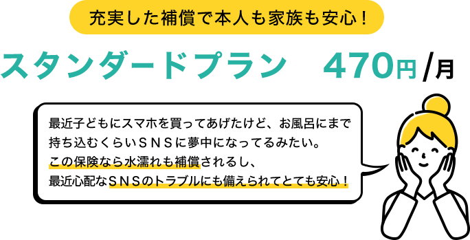 充実した補償で本人も家族も安心！ スタンダードプラン　470円/月