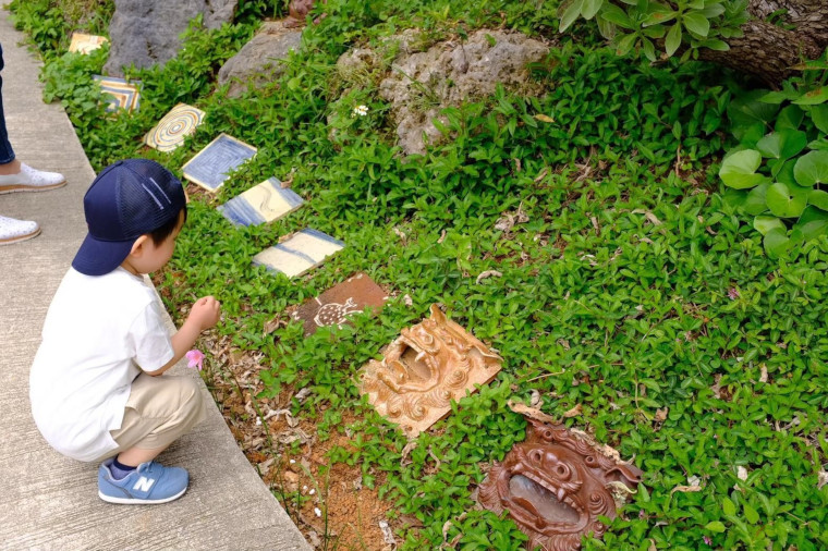 青や茶色のやむちんを眺める男の子