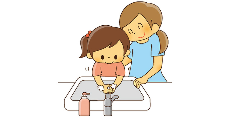 手を洗う女の子とお母さんのイラスト