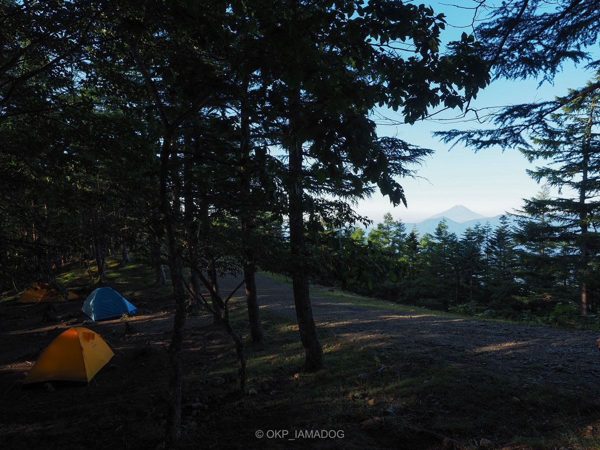 富士山を望む奥多摩小屋のテント場の写真。木々の間に複数のテントが設営されている。