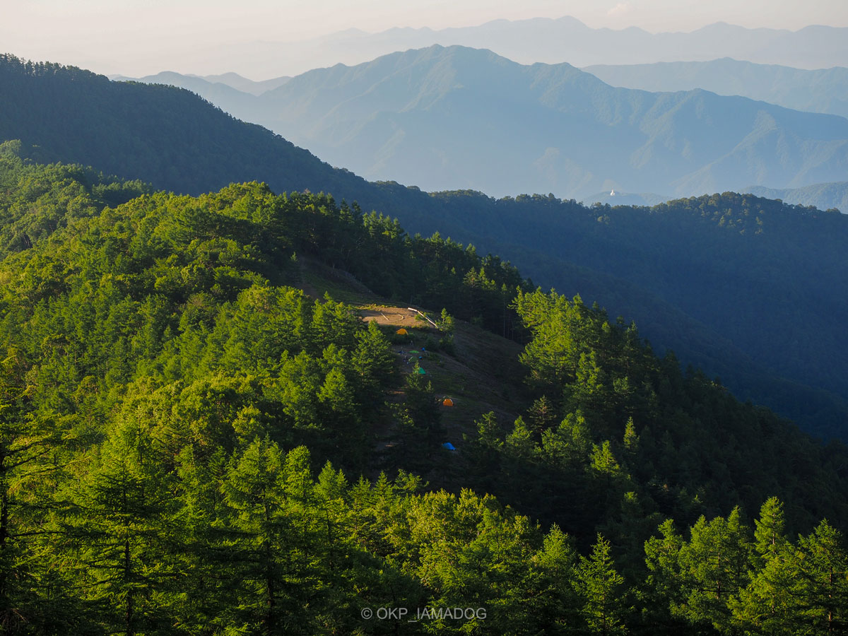 尾根から見下ろした五十人平の写真。山の上、木々に囲まれたヘリポートが見える。