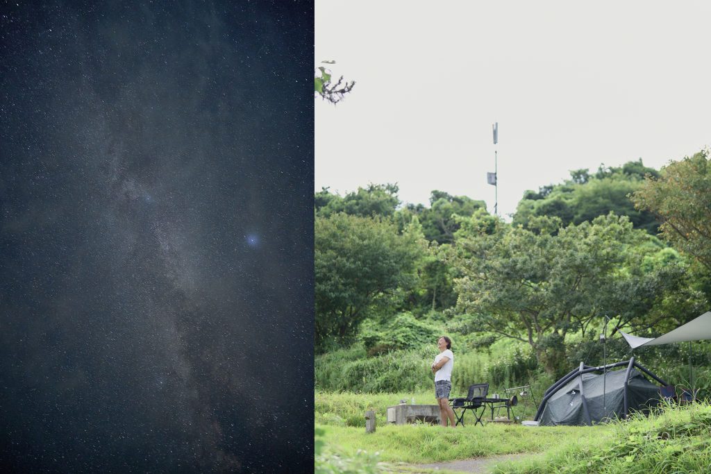 2枚組の画像。左側は満天の星空と天の川、右側はキャンプ場で空を見上げる一人の男性の姿。