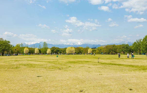 晴れた日に、雪をかぶった山々を背景に、広大な芝生の広場で人々がレジャーを楽しんでいる。