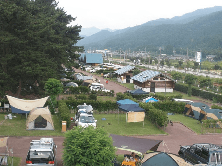 丘の上から見下ろすキャンプ場。テントやバンガローが点在している。