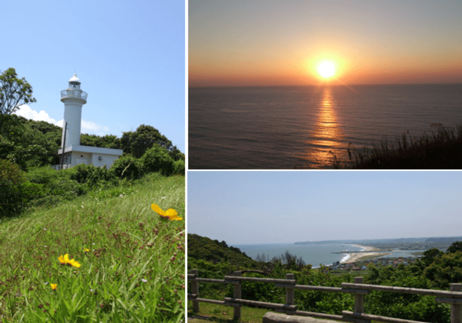 3つの写真のコラージュ。左側には緑の丘に立つ白い灯台と黄色い花。右上には夕暮れの海に沈む夕日。右下には海沿いの街並みの風景。