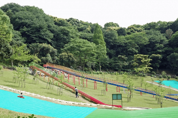 緑の丘に、長いローラーすべり台と青い芝生広場がある。