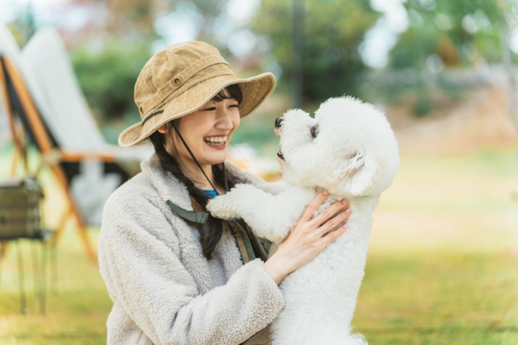 秋冬のキャンプ場で愛犬を抱くキャンパーのアジア人女性（ビジョンフリーゼ）