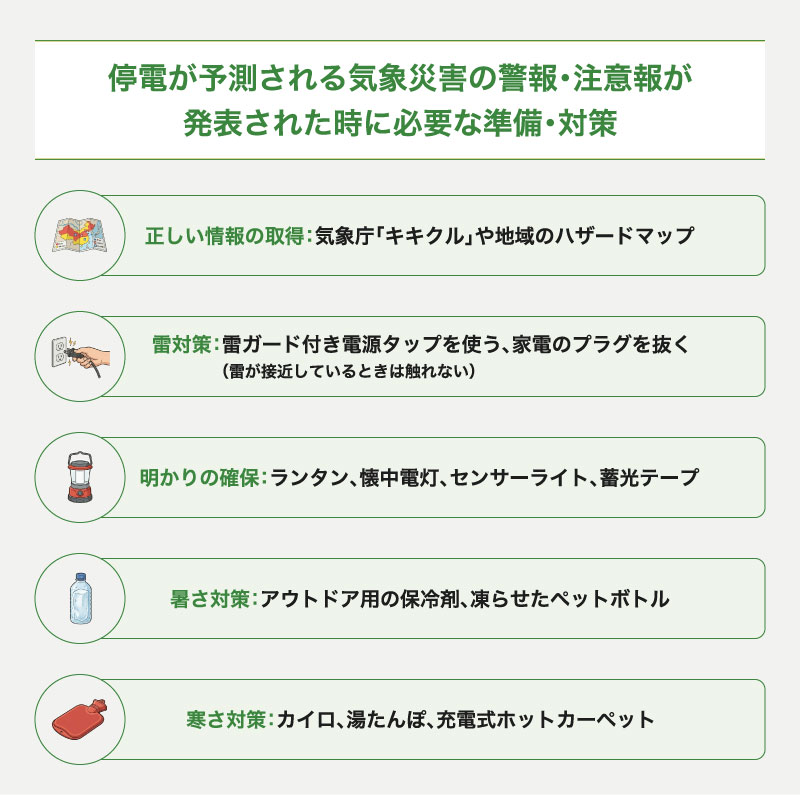 停電が予測される気象災害の警報・注意報が発表された時に必要な準備・対策