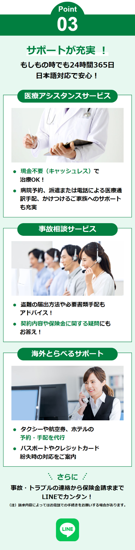 ポイント3。サポートが充実！「医療アシスタンスサービス」「事故相談サービス」「海外とらべるサポート」は、もしもの時でも24時間365日、日本語対応で安心。さらに事故・トラブルの連絡から保険金請求までLINEでカンタン。（請求内容によってはお電話での手続きをお願いする場合があります）