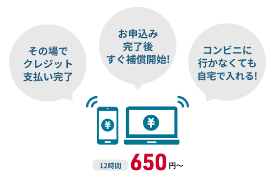 その場でクレジット支払い完了、お申込み完了後すぐ補償開始、コンビニに行かなくても自宅で入れて12時間650円から