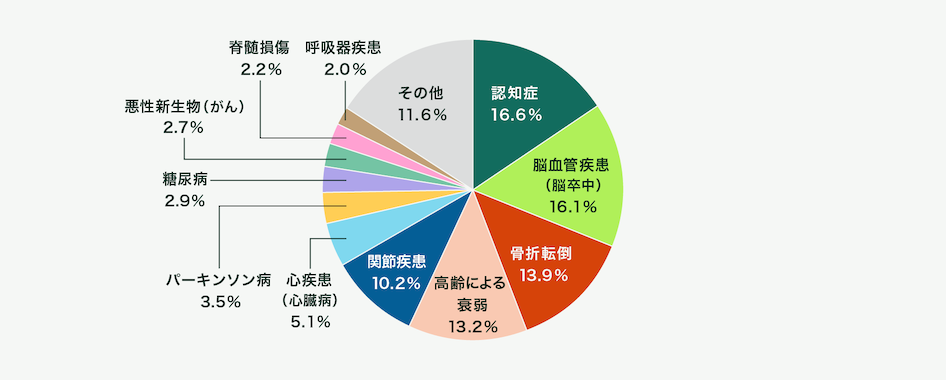 介護が必要になるきっかけは、認知症16.6％、脳血管疾患（脳卒中）16.1％、骨折転倒13.9％、高齢による衰弱13.2％、関節疾患10.2％、心疾患（心臓病）5.1％、パーキンソン病3.5％、糖尿病2.9％、悪性新生物（がん）2.7％、脊髄損傷2.2％、呼吸器疾患2.0％、その他11.6％というデータがあります。