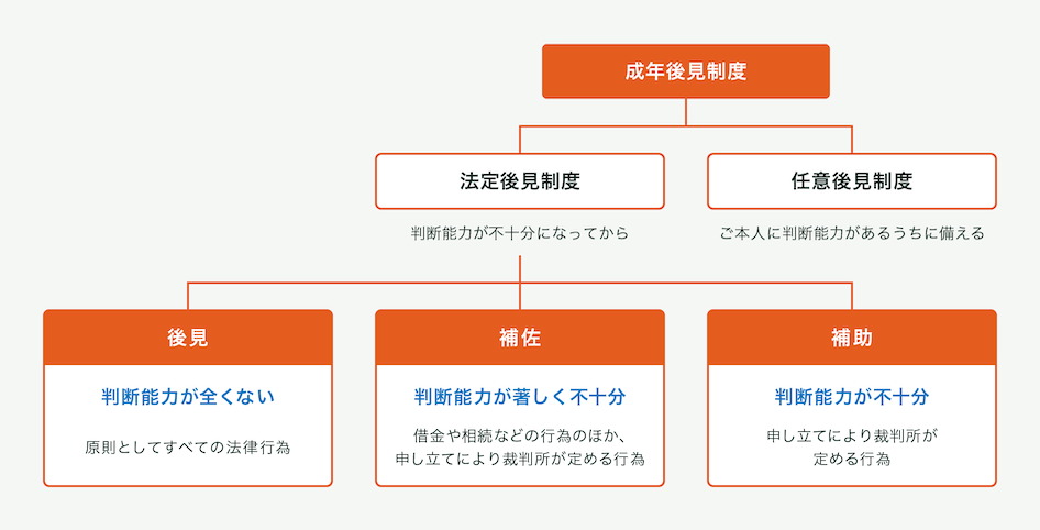 成年後見制度の種類を示した図。図に続いて詳細。