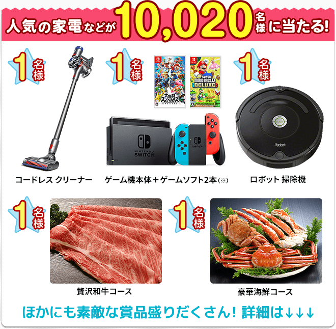 人気の家電などが10,020名様に当たる!