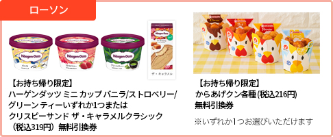 ローソン【お持ち帰り限定】ハーゲンダッツ ミニ カップ バニラ/ストロベリー/グリーン ティーいずれか1つまたはクリスピーサンド ザ・キャラメルクラシック(税込319円)無料引換券【お持ち帰り限定】からあげクン各種 (税込216円)無料引換券※いずれか1つお選びいただけます